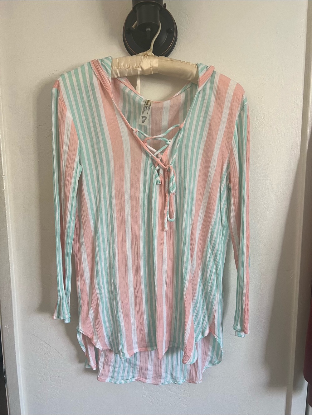 Striped Lace-Up Women's Top in Mint & Blush